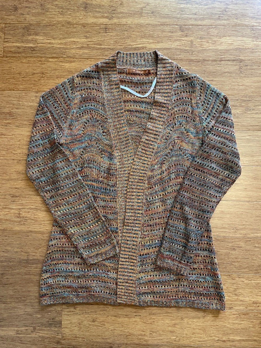 Belldini Multicolor Open-Knit Cardigan in Brown, Blue & Rust Tones